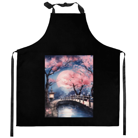 Watercolor cherry blossom festival full moon Kitchen Aprons