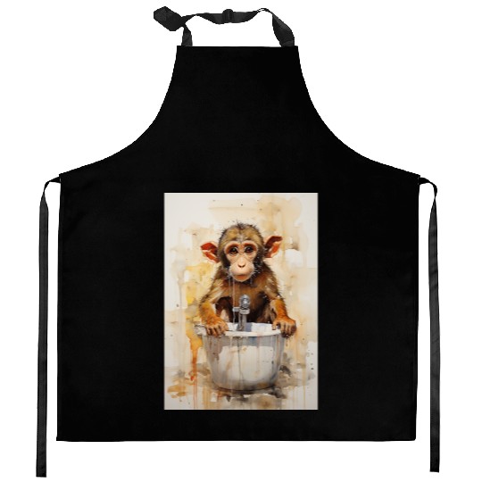 Cute monkey in bathtub. Funny animal art Kitchen Aprons