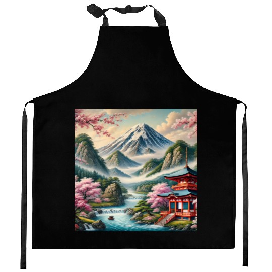 Serene Mount Fuji Landscape Art Print - Japanese C Kitchen Aprons
