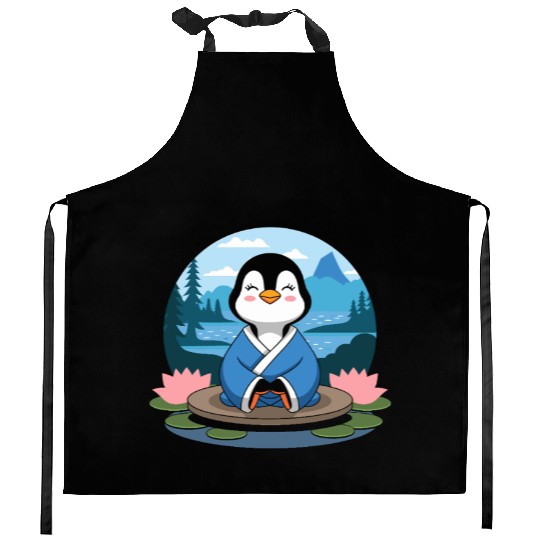 Zen Penguin in Tranquil Lotus Lake Meditation Kitchen Aprons
