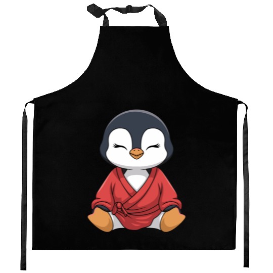 Zen Penguin Meditation in Kimono Attire Kitchen Aprons