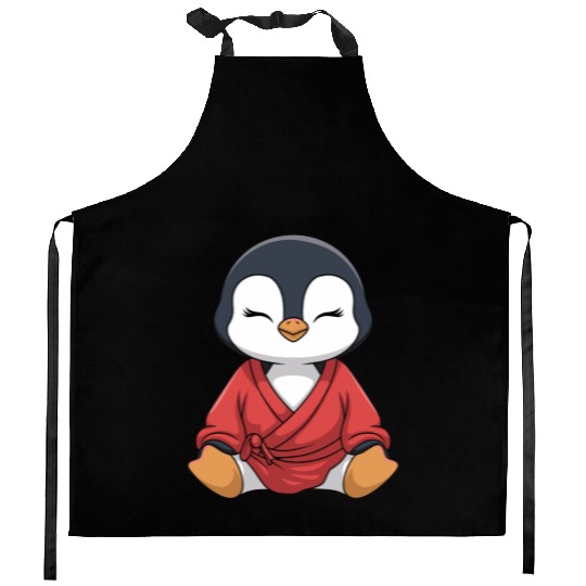 Zen Penguin Meditation in Kimono Attire Kitchen Aprons