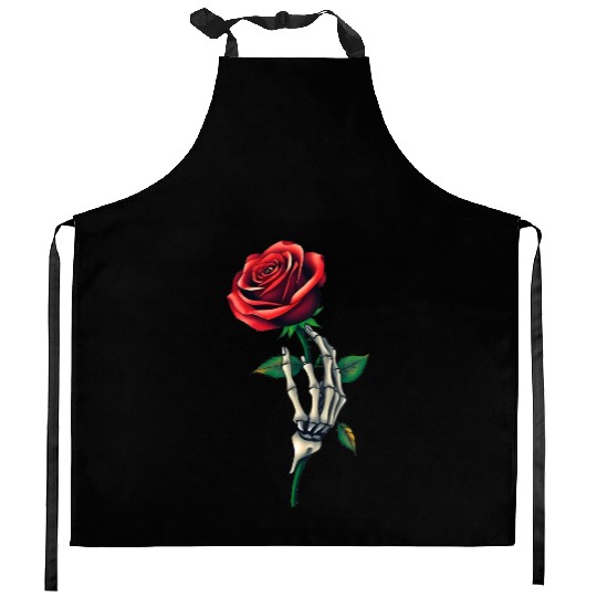 Skeleton Hand Holding a Rose: Beauty in the Dark Kitchen Aprons