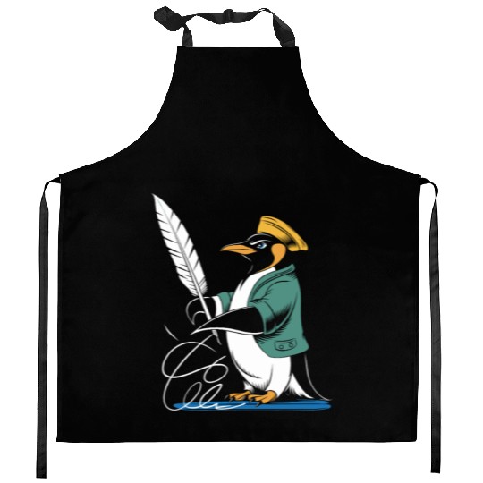 Calligraphy Enthusiast Penguin With Quill Art Kitchen Aprons