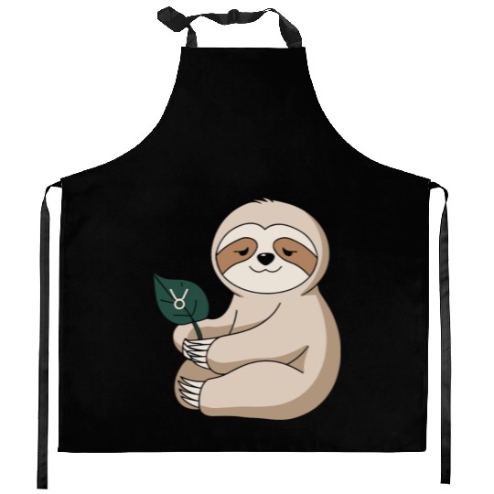 Taurus Zodiac Sloth Holding Leaf Kitchen Aprons