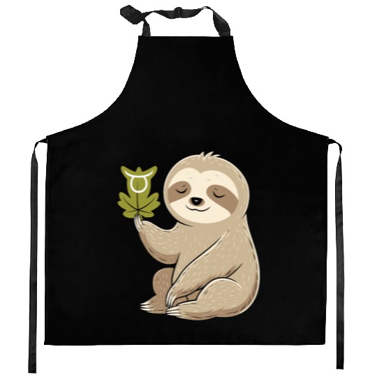 Taurus Zodiac Sloth with Leaf Symbol Serenity Kitchen Aprons