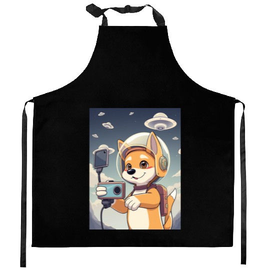 Funny Dog Rescue Anime Selfie with UFOs Weird Kitchen Aprons