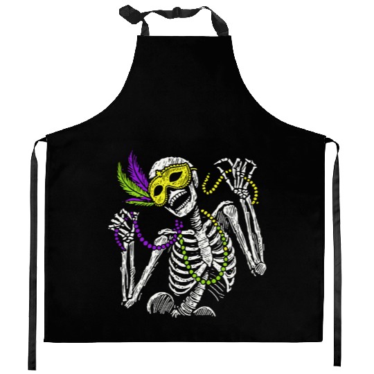 Mardi Gras Skeleton with Beads and Mask Kitchen Aprons