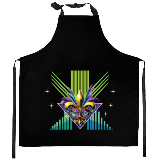 Mardi Gras Retro Synthwave Mask Design Kitchen Aprons