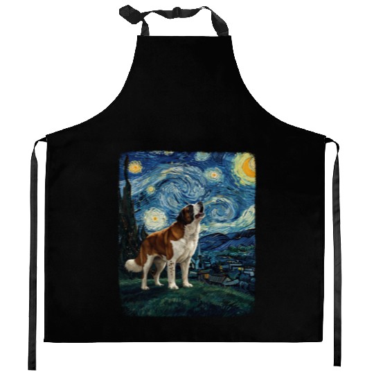 Saint Bernard Howling At Moon Starry Night Van Gog Kitchen Aprons