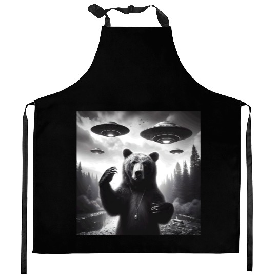 Grizzly Bear Outdoors Graphic Selfie with UFOs Wei Kitchen Aprons