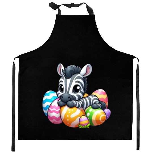 Cute Easter Zebra with Egg Cartoon Kitchen Aprons