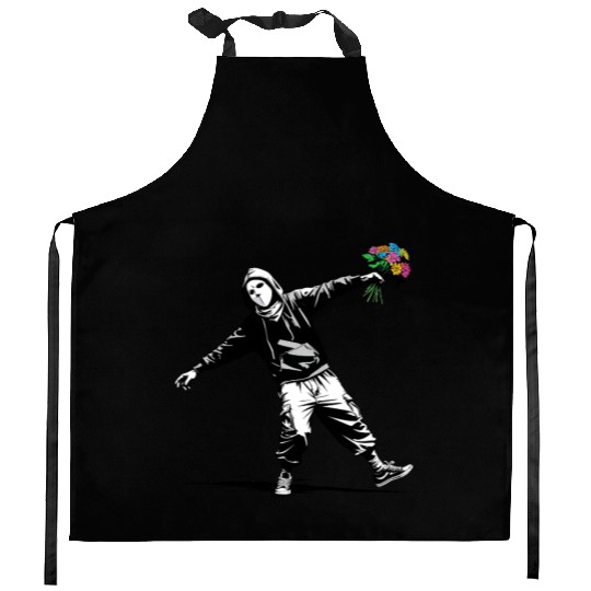 Banksy Protester Throwing Flowers Kitchen Aprons