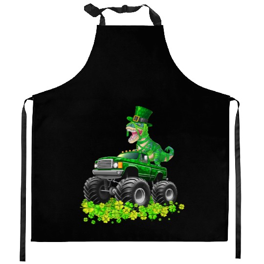 Monster Truck T-rex St Patricks Day Dinosaur Cute Kitchen Aprons