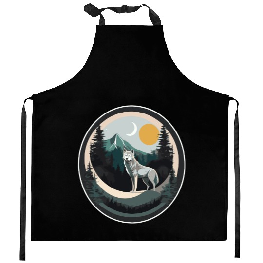 Lone Wolf Under Moonlit Sky Kitchen Aprons