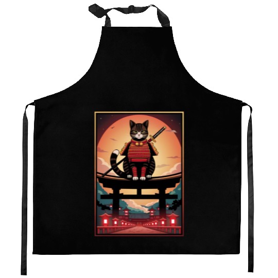 Japanese Cat Samurai Cat Kitchen Aprons