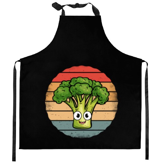 Cute Smiling Broccoli Retro Vintage Sunset Kitchen Aprons