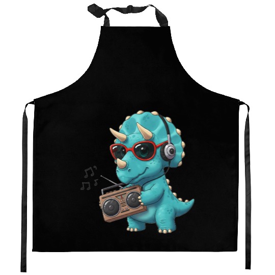 Dino cartoon triceratops listening to music Kitchen Aprons