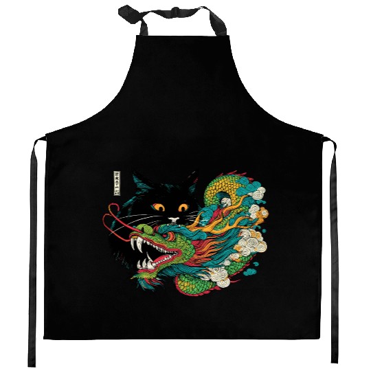 Ukiyo-e Black Cat Chinese Dragon Kitchen Aprons