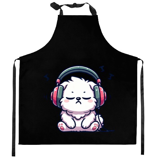 Chill Puppy with Headphones Illustration Kitchen Aprons