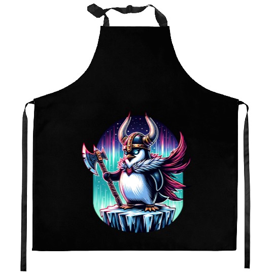 Viking Penguin Warrior Under Northern Lights Kitchen Aprons
