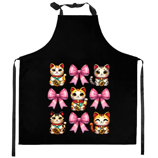 Coquette Bow Maneki Neko Japanese Cat Lucky Pink Kitchen Aprons