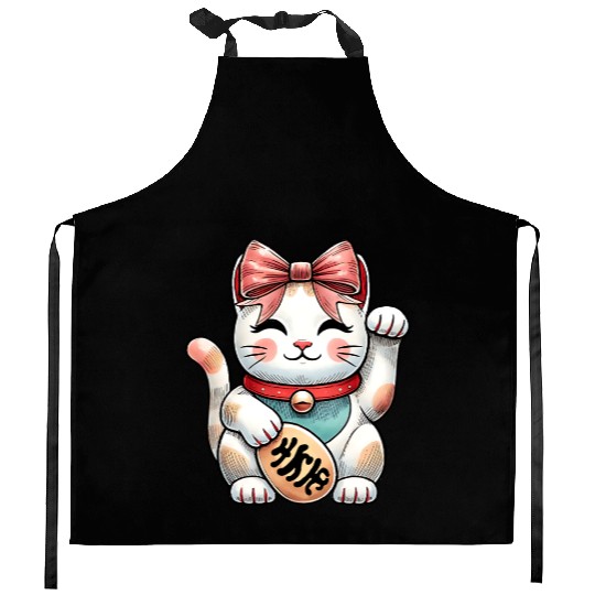 Coquette Bow Maneki Neko Japanese Cat Lucky Pink Kitchen Aprons