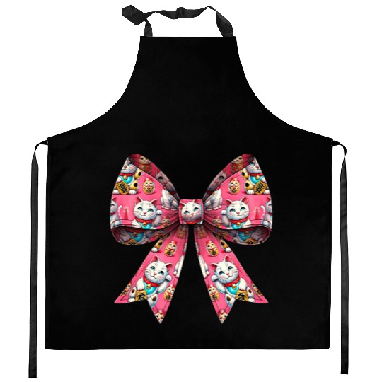 Coquette Bow Maneki Neko Japanese Cat Lucky Pink Kitchen Aprons