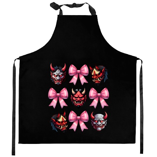 Coquette Bow Oni Yokai Devil Mask Pink Mothers Day Kitchen Aprons