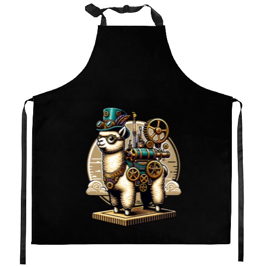 Steampunk Llama with Gears and Goggles Kitchen Aprons