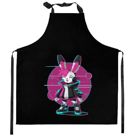 Cyber Bunny with Futuristic Style and Neon Colors Kitchen Aprons