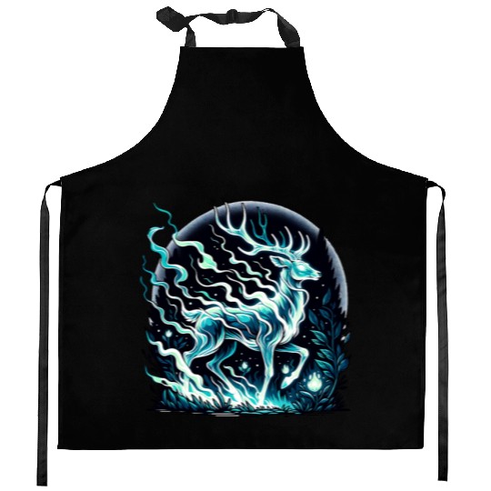 Ethereal Stag in Mystical Forest Moonlight Kitchen Aprons