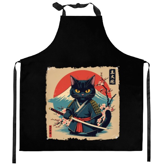 samurai cat Kitchen Aprons