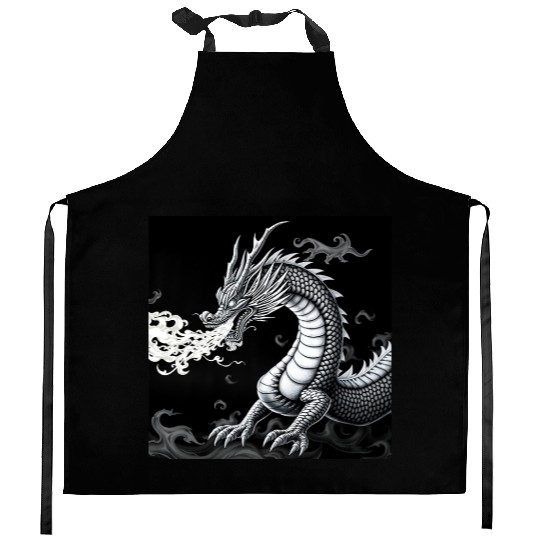 A classic dragon breathing fire Merch Kitchen Aprons
