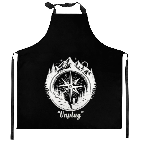 Compass Mountains Hiker, Unplug Nature Adventure Kitchen Aprons