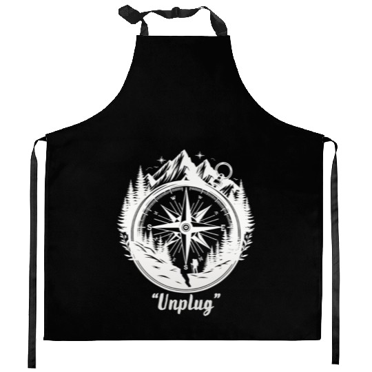 Compass Mountains Hiker, Unplug Nature Adventure Kitchen Aprons