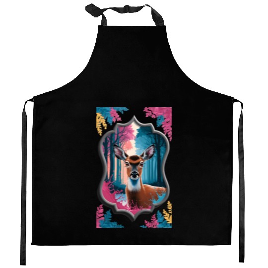 Deer in the forest framed mirror Kitchen Aprons