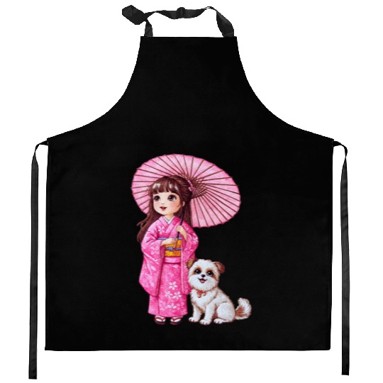 Kimono Girl & Her Loyal Pup Kitchen Aprons