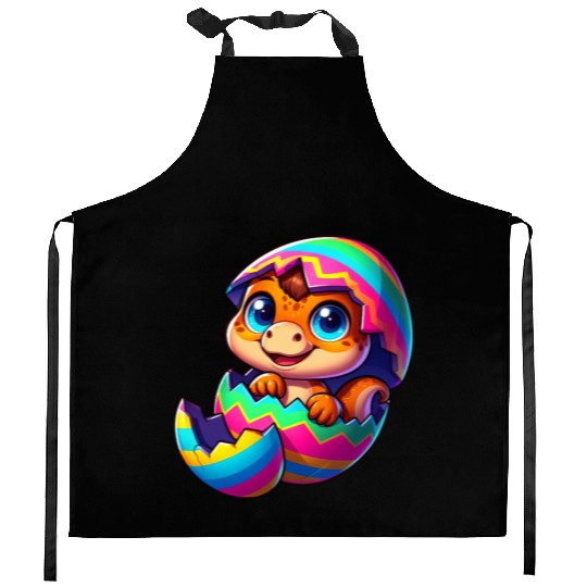 Cute Dino hatching from colorful Easter egg Kitchen Aprons