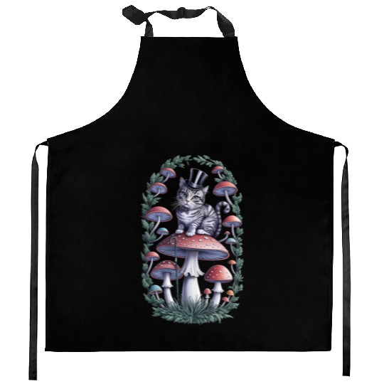 Gentleman cat hatter sitting on mushroom Kitchen Aprons