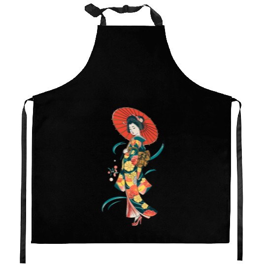 Elegant Geisha with Red Parasol and Floral Kimono Kitchen Aprons
