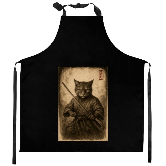 Samurai Cat in Vintage Style Kitchen Aprons