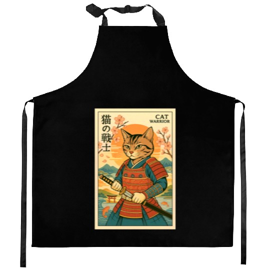 Samurai Cat in Traditional Armor Art Kitchen Aprons