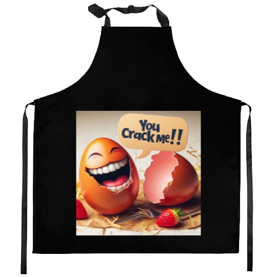 A cracked Easter egg laughing with the caption Kitchen Aprons