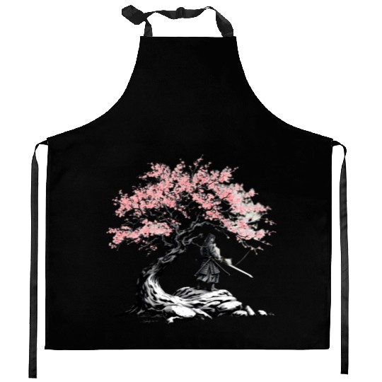 Samurai trains beneath a blooming Sakura tree Kitchen Aprons