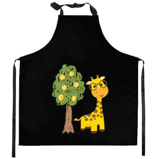 Funny giraffe and tree drawing Kitchen Aprons