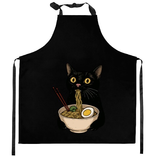 Black Cat Eating Ramen Noodles, Cute Japanese Food Kitchen Aprons
