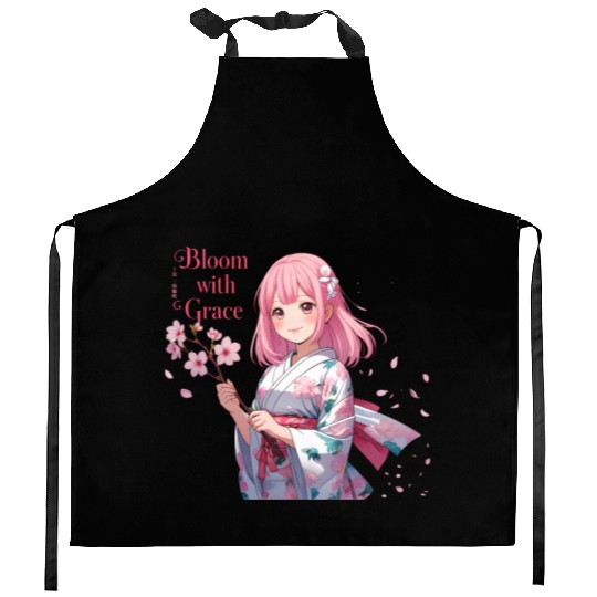 A cute anime girl with pink Kitchen Aprons