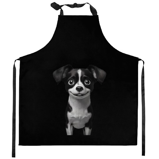 Happy Black and White Cartoon Dog with Big Eyes Kitchen Aprons