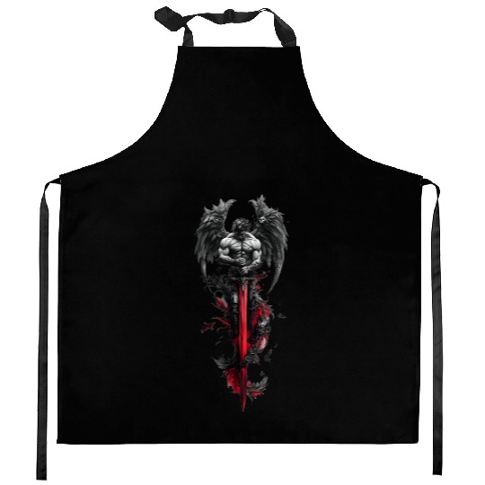 Dark Fallen Angel with Crimson Sword Kitchen Aprons